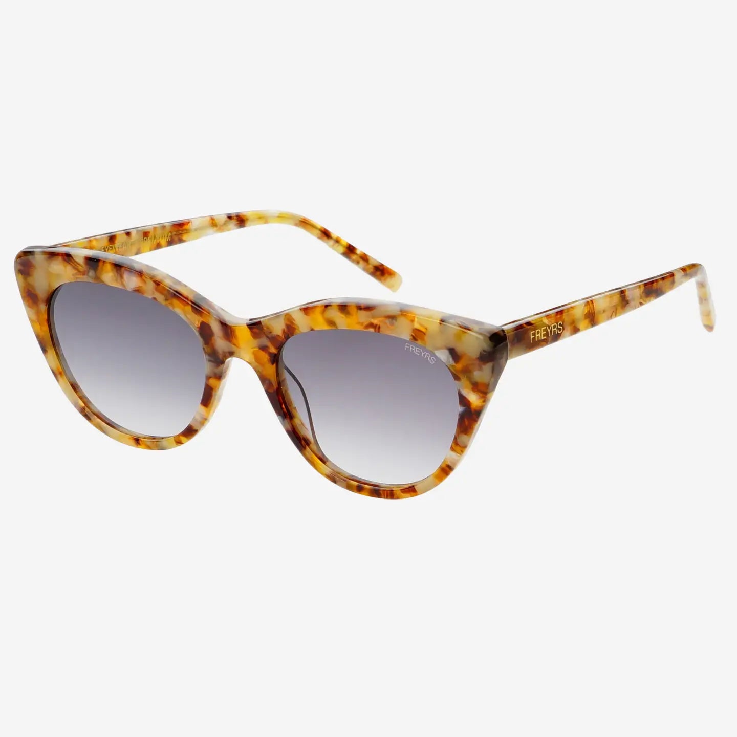 Cat-eye sunglasses with tortoiseshell frame and gray lenses, side view