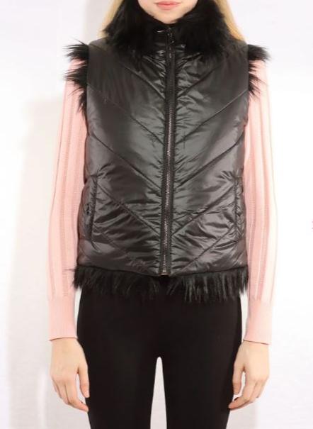 Black faux fur trimmed puffer vest with stand collar and front zip
