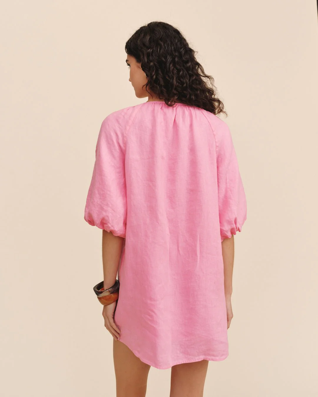Pullover Puff Sleeve Dress in pink linen with relaxed fit, personally curated Fredericksburg style