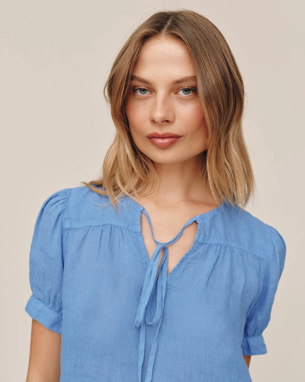 Short Sleeve Flowy Pullover Top in blue linen with square neckline and tie by BELLA DAHL