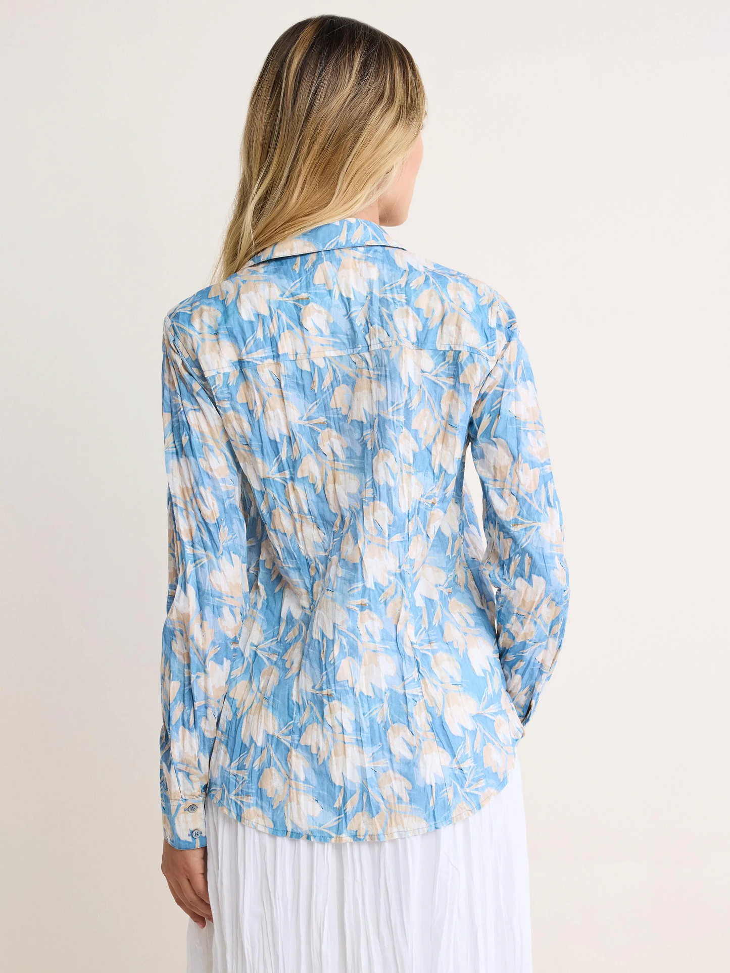 Shadow Floral Core Cotton Shirt with blue and beige floral cotton cambric by NIC AND ZOE