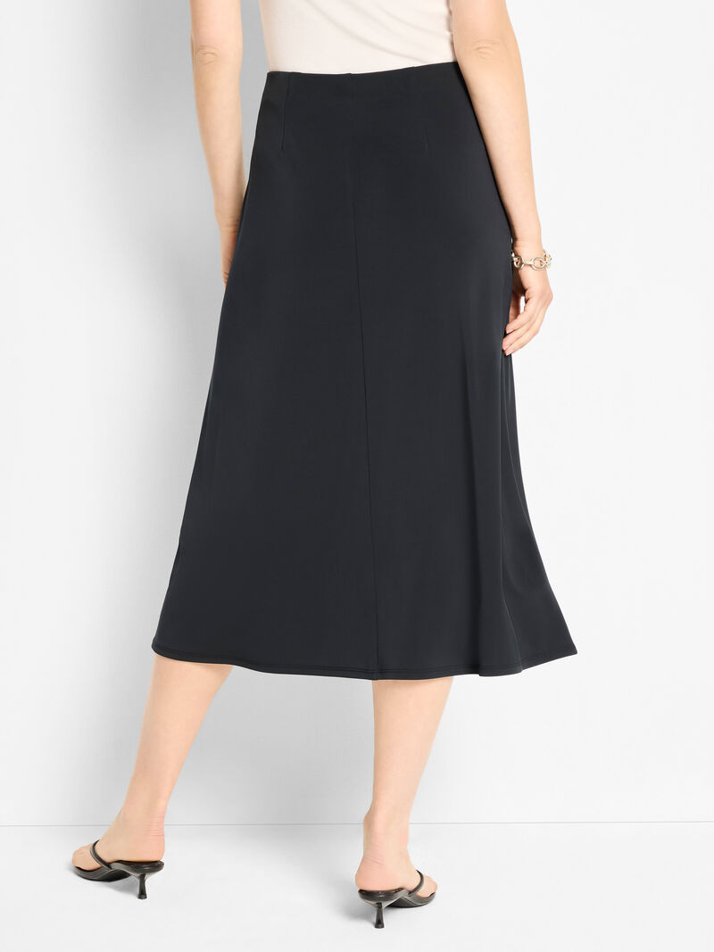 Knit Crepe Slip Skirt in black stretch fabric, midi A-line drapey silhouette by NIC AND ZOE