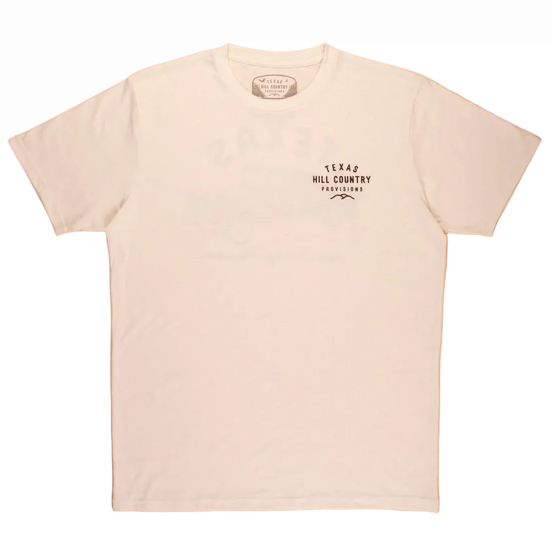 Pasture Party Tee in beige with Texas Hill Country Provisions script, lightweight cotton blend