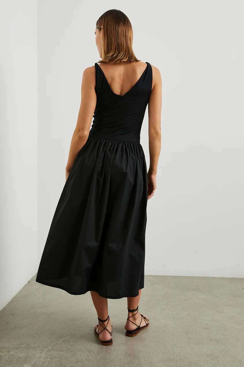 Back view: black sleeveless dress with V-back and gathered full skirt
