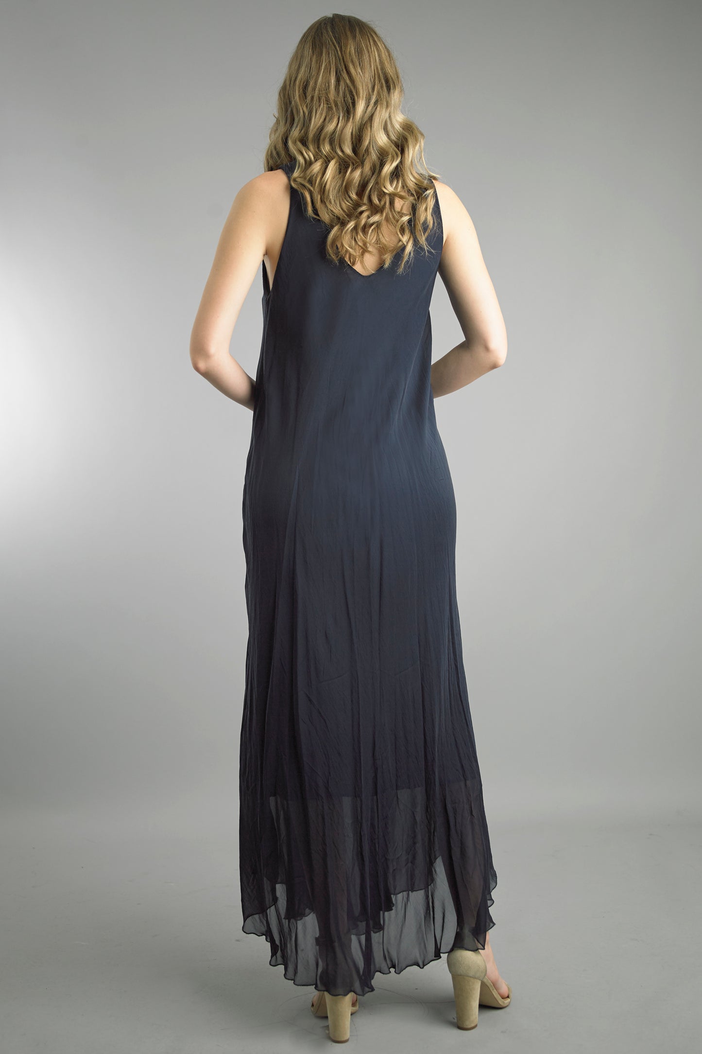 Long Bias Dress in navy silk with sleeveless V-back and flowing hem by TEMPO PARIS HCO