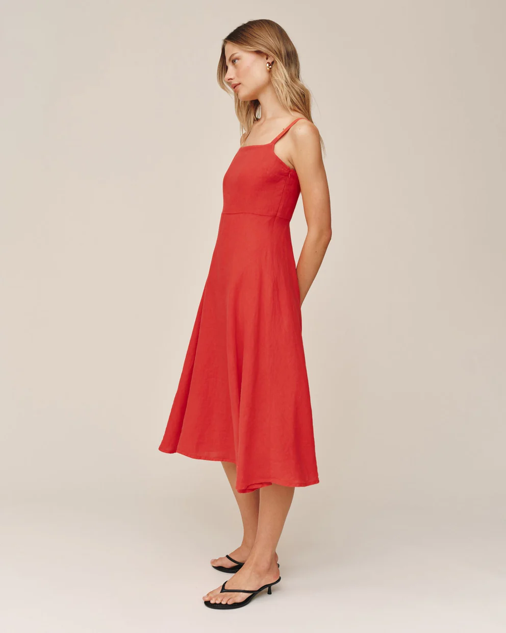 Apron Midi Dress in red with adjustable straps and flared skirt by BELLA DAHL at HCO Fredericksburg