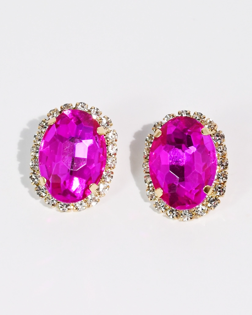 The Dolce Rosa Studs with vivid pink oval stones and crystal accents by TREASURE JEWELS