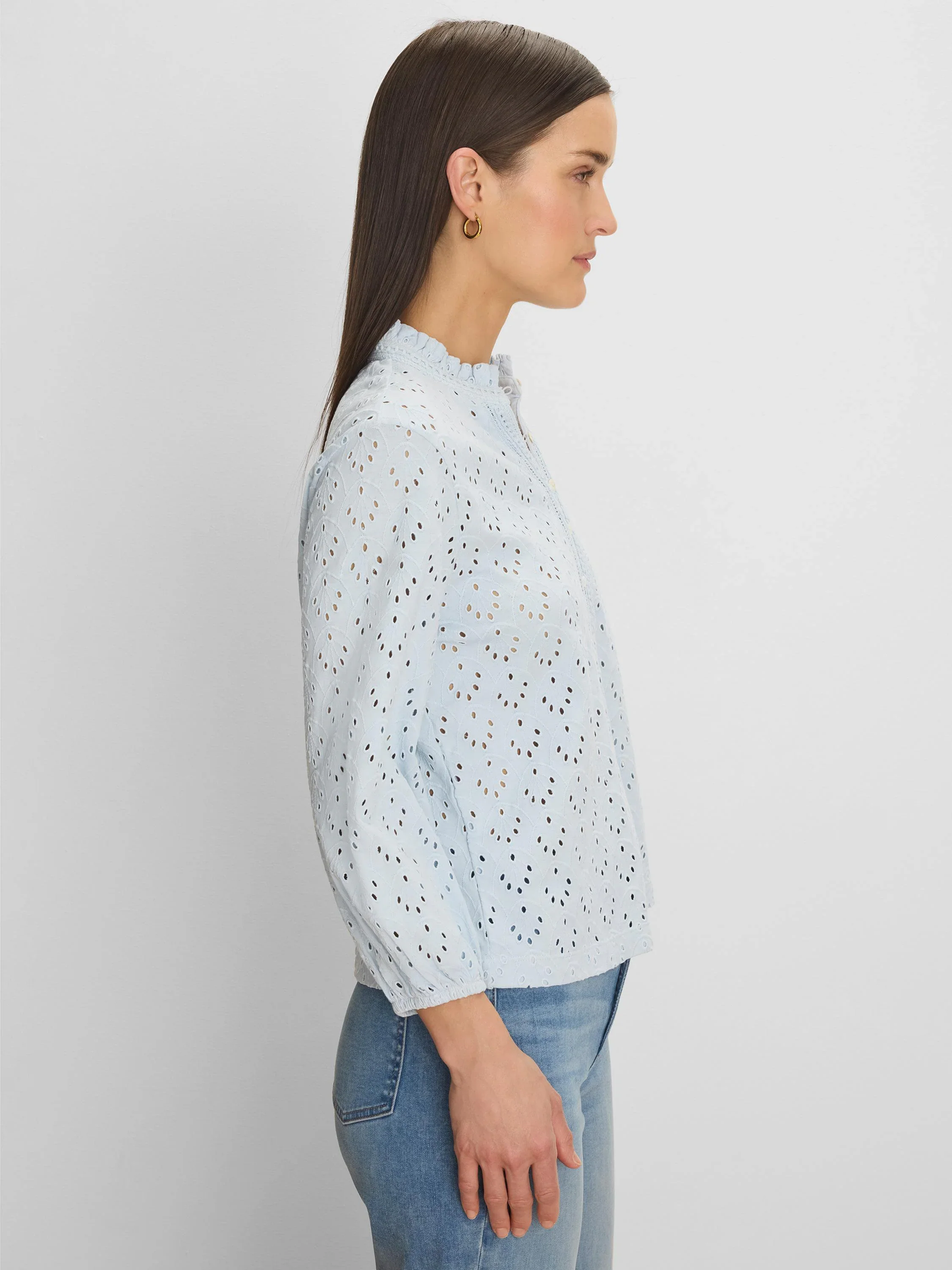 KNIT EYELET RUFFLE NECK TOP