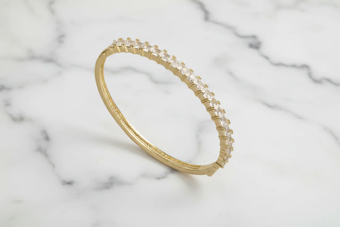 Bangle With Cz featuring 14K gold plated and silver surgical steel with CZ accents, FOSSICK IMPORTS Women's Jewelry HCO