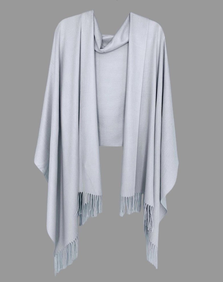Soft cashmere shawl/scarf in light grey-white with long fringe tassels