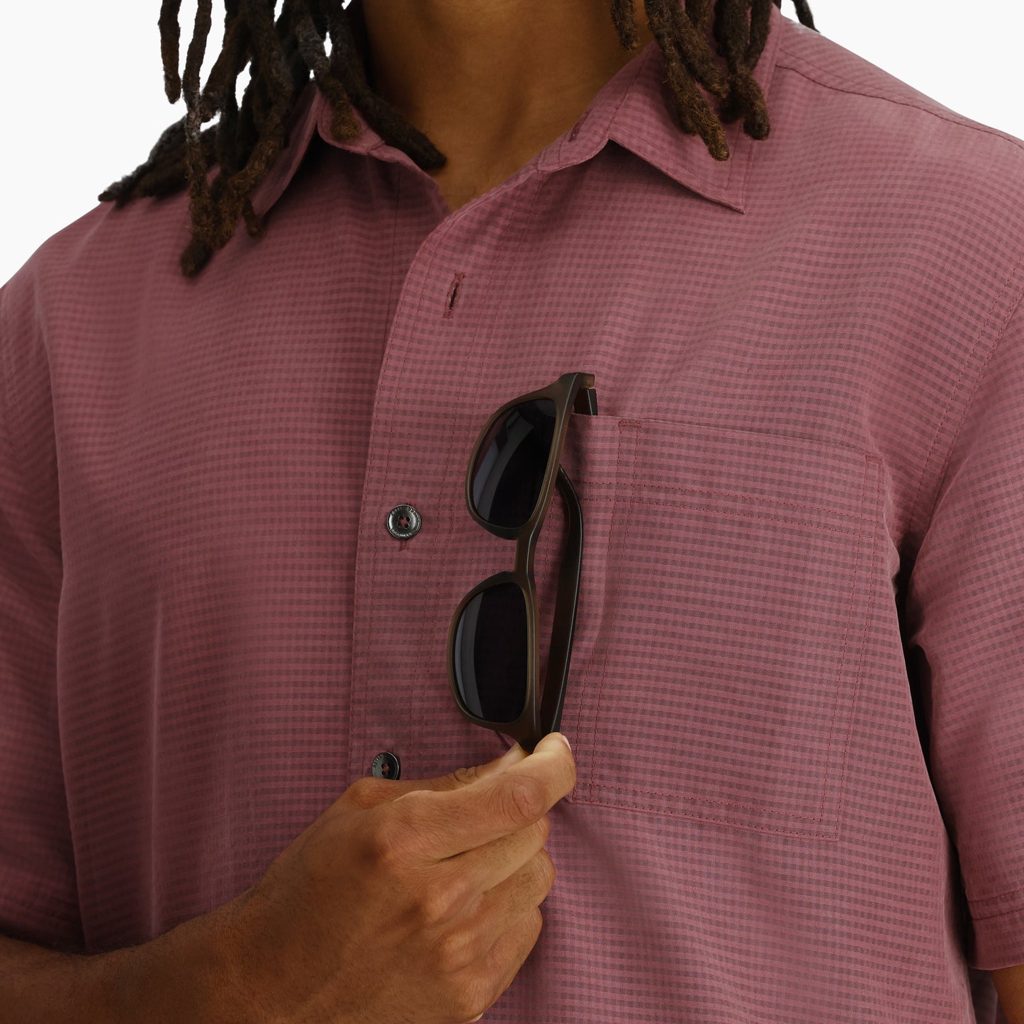 Desert Pucker Dry Short Sleeve - Wild Rhubarb, pink checkered quick-dry men's shirt by ROYAL ROBBINS
