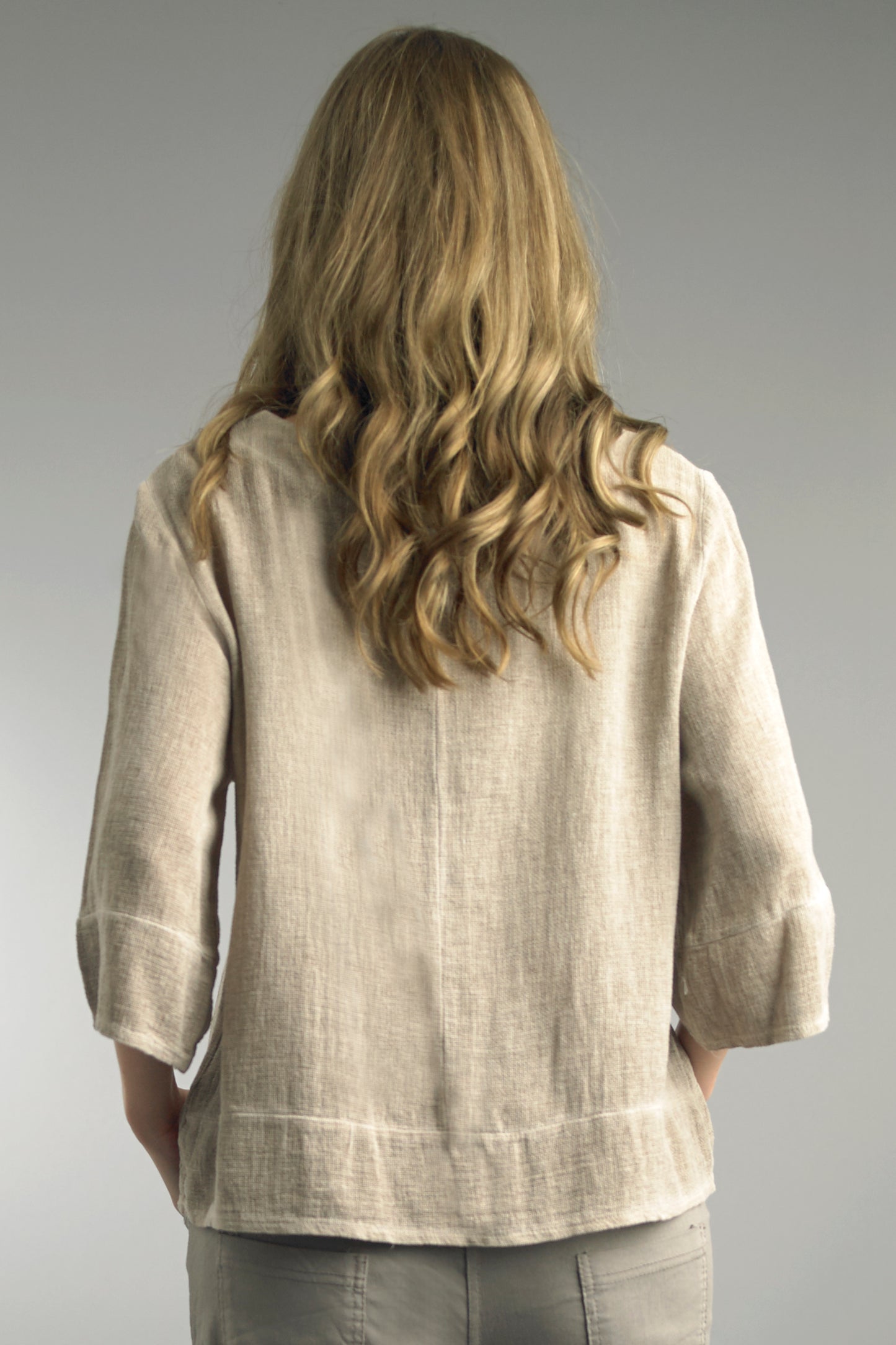 Back view of beige N-Neck Top in breathable 100% wash linen, relaxed fit by TEMPO PARIS