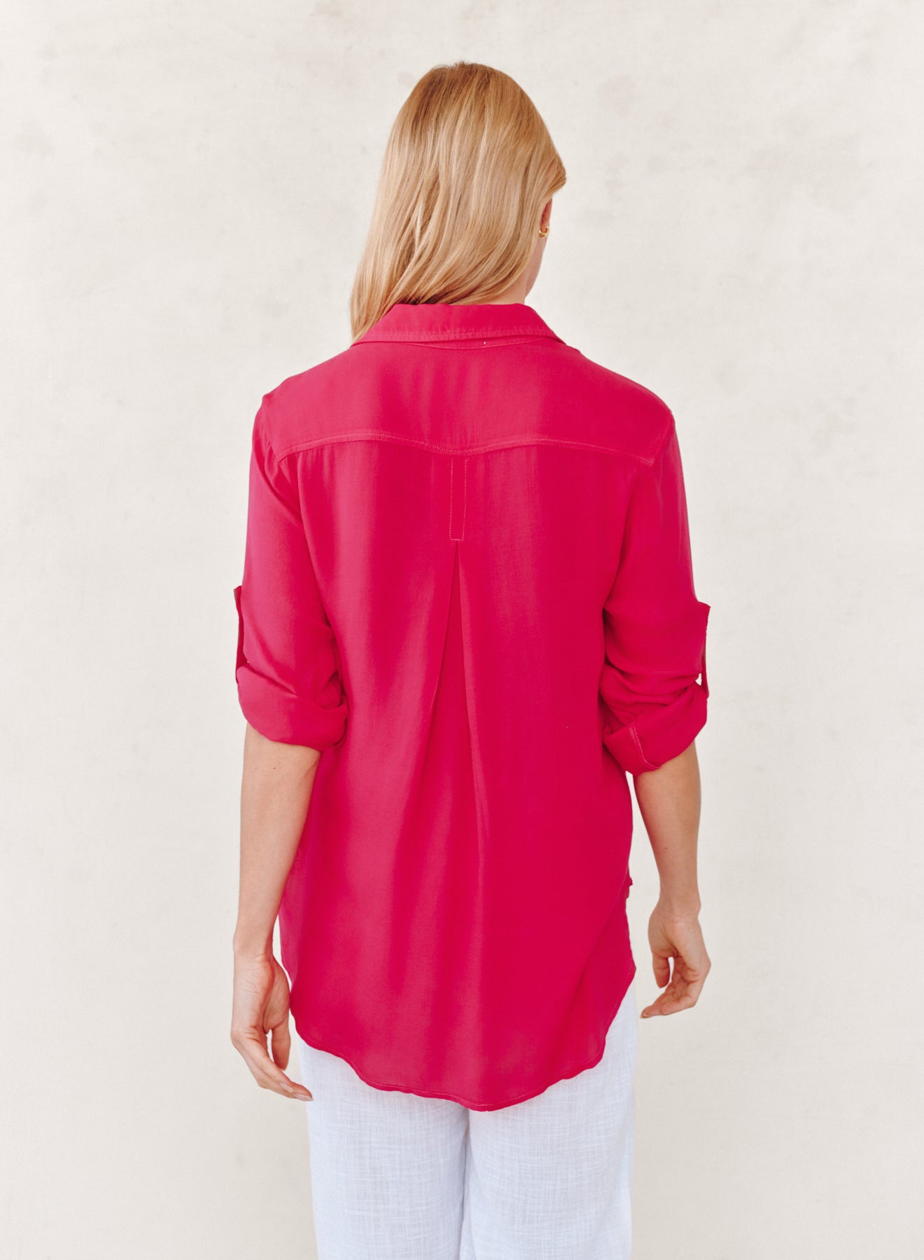 CLEAN SHIRT WITH ROLL SLEEVE in bright red rayon, lightweight fabric, curated in Fredericksburg boutique
