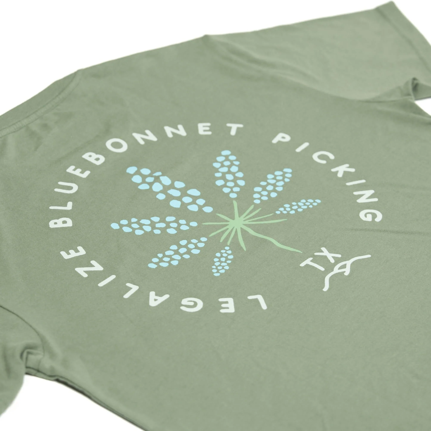 Legalize Bluebonnet Picking Tee in blue-green wrinkle resistant cotton-poly blend by HILL COUNTRY PROVISIONS