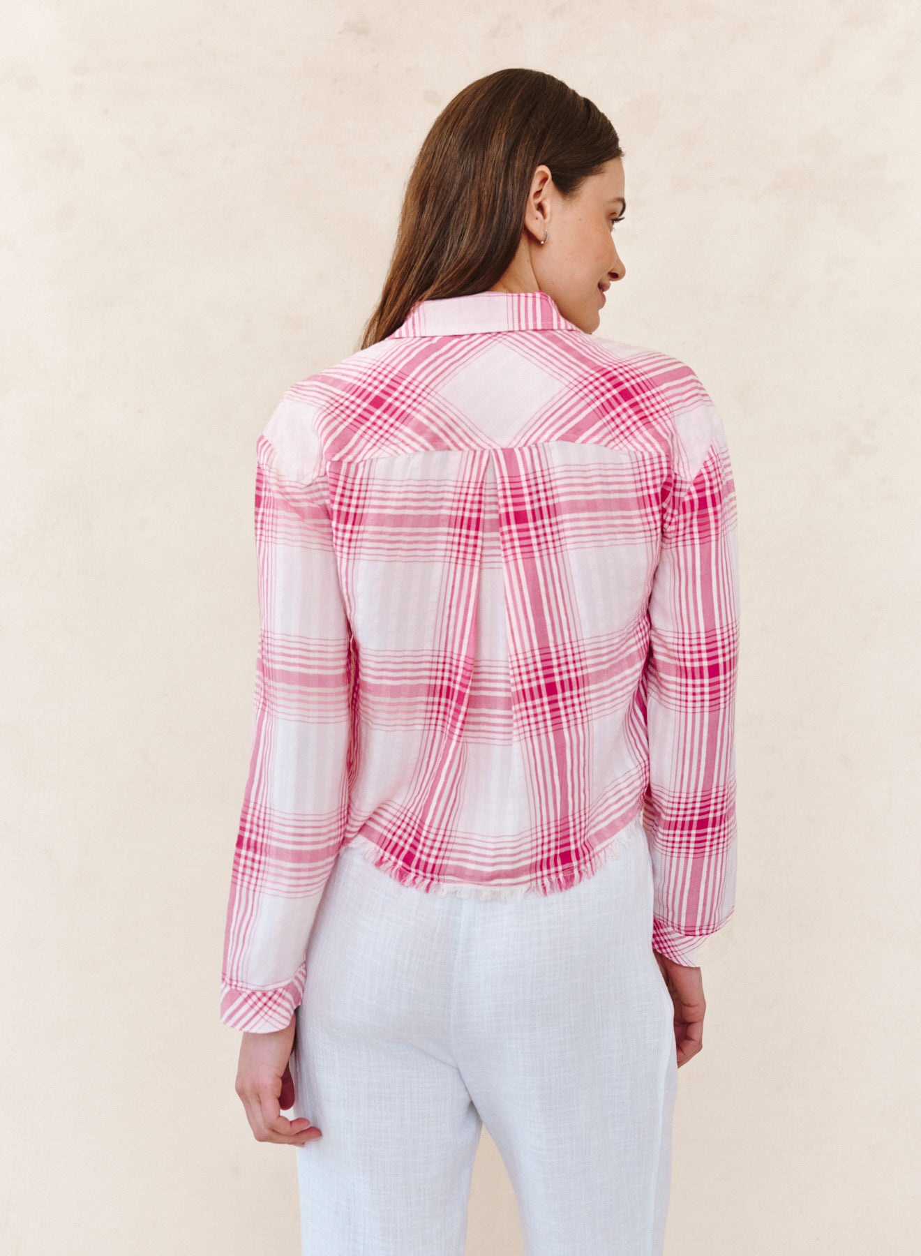 TWO POCKET FRAY HEM CROP SHIRT in pink plaid, breathable fabric, curated in Fredericksburg TX