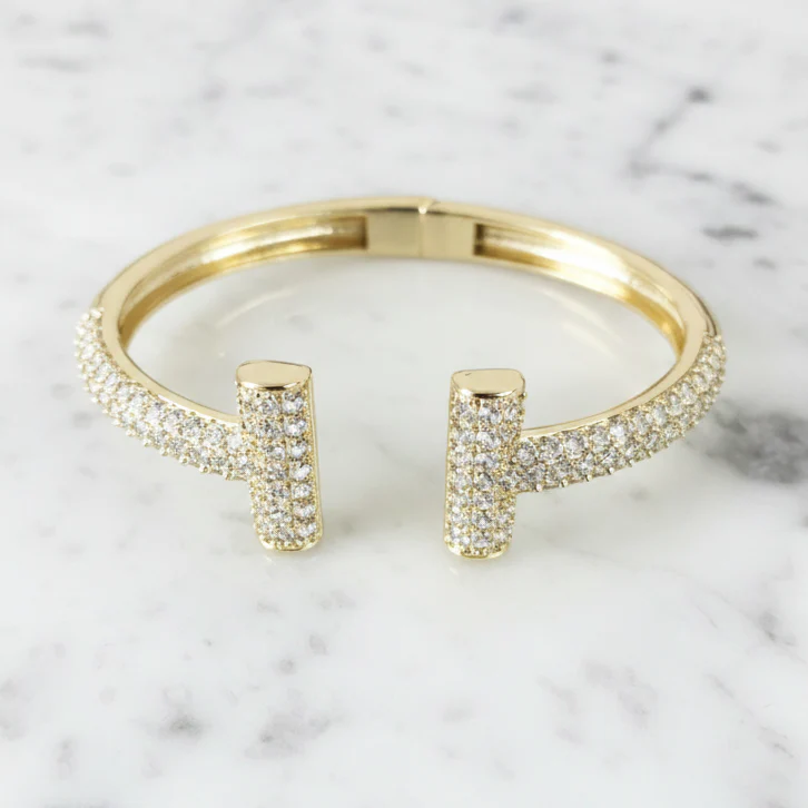 CZ Hinge Lock Bangle - Gold with sparkling CZ accents, FOSSICK IMPORTS Women's Jewelry HCO