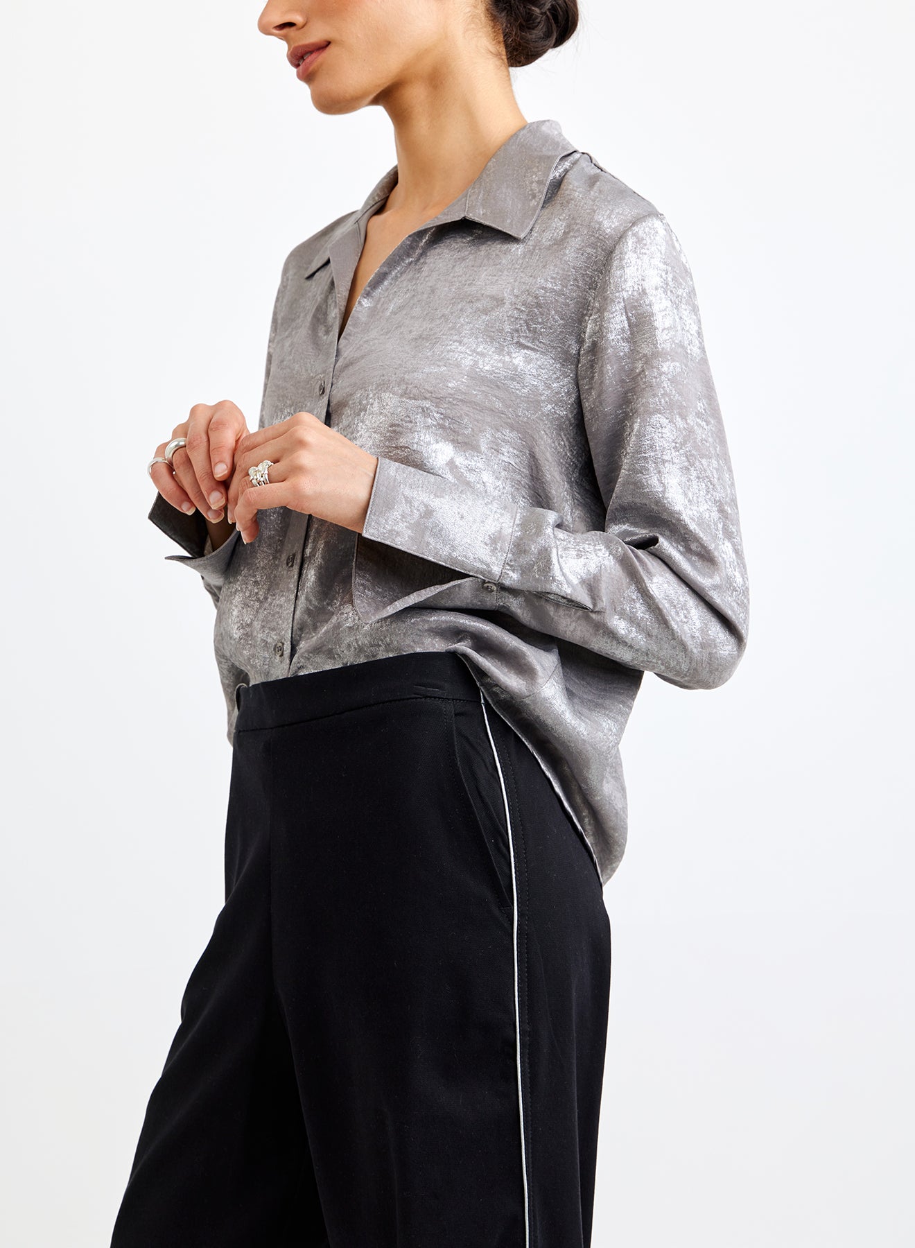 Flowy Wide Collar Button Down - Silver Distress Foil
