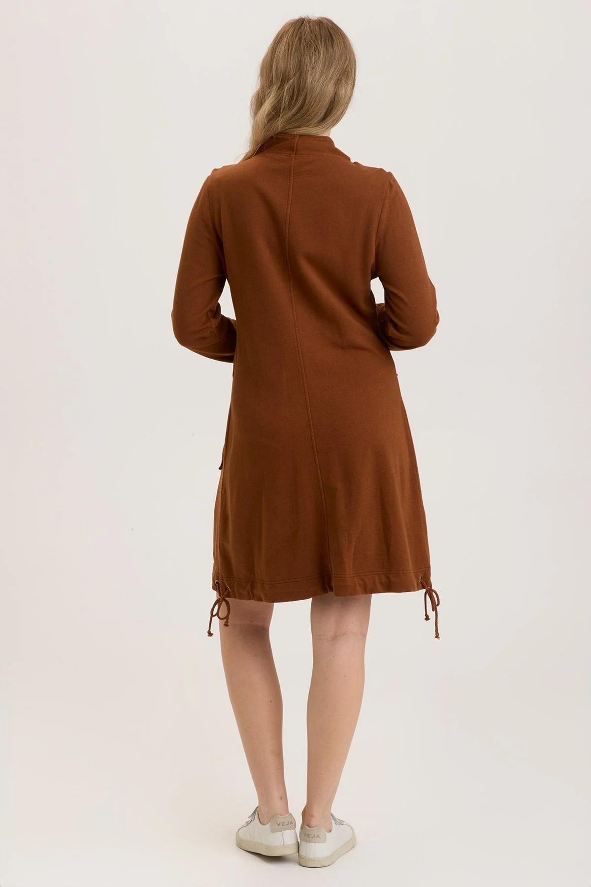 Fleece Funnel-Neck Longcoat back view, mid-length with adjustable drawstring hem ties