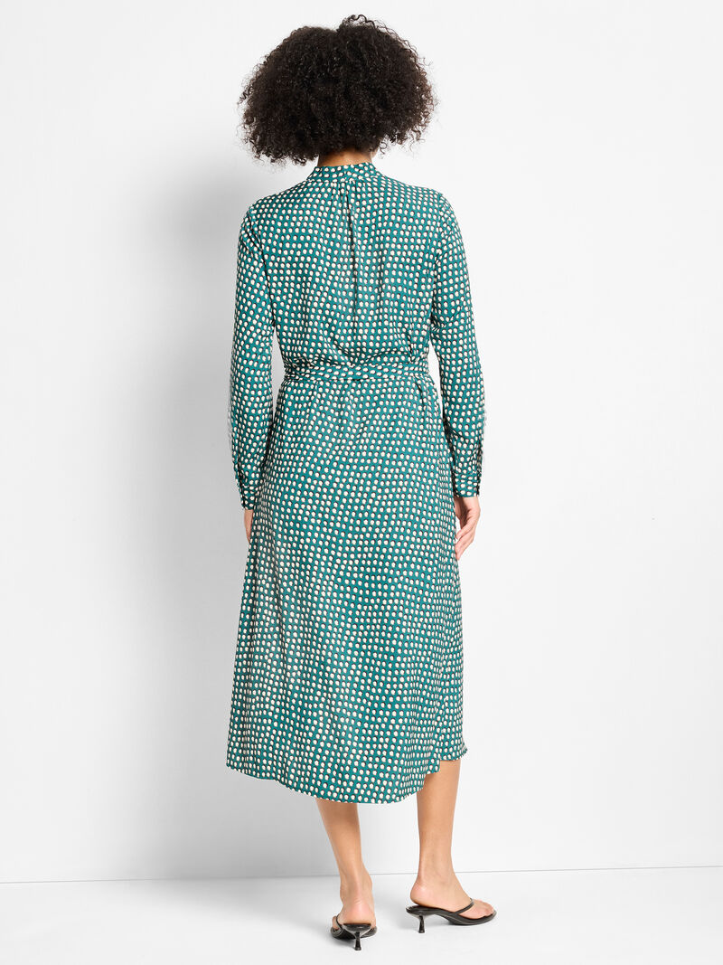 Shadow Dot Olivia Dress with teal and white dots, self-tie belt, long sleeve, NIC AND ZOE