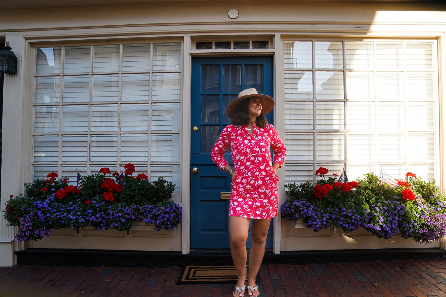La Jolla Dress - Wallflower - Geranium/White floral cotton flex dress styled in Fredericksburg Texas