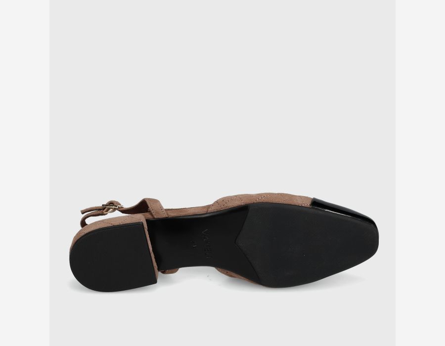 Trill - Military Suede brown quilted slingback with patent toe, buckle, and block heel by VANELI