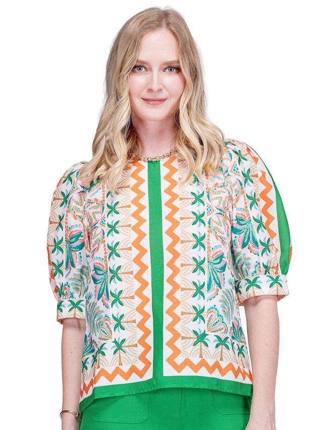 Short Sleeve Top - Palm Fiesta featuring vibrant green and orange patterns, breathable linen-cotton blend by JADE