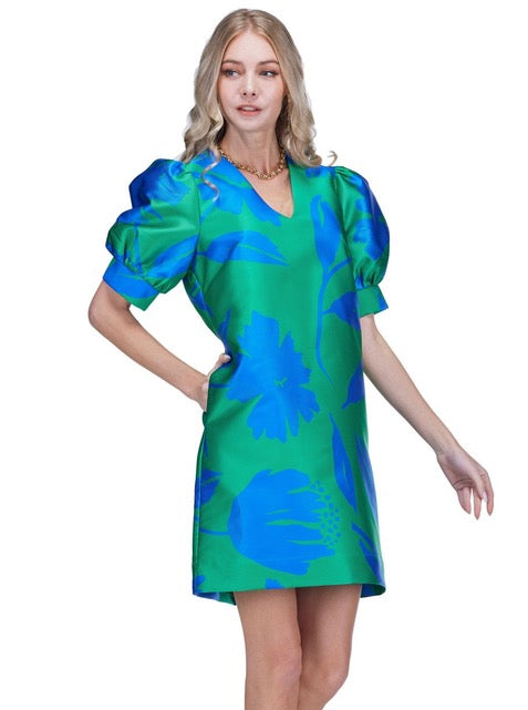 V-Neck Puff Sleeve Dress - Green Floral Brocade