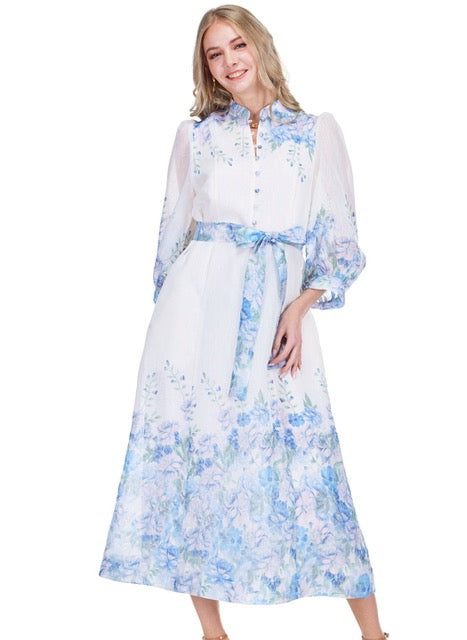 Stand Collar A-Line 50" Dress - Blue Wildflower