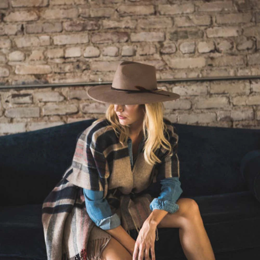 Marin Big Brim Safari brown wool felt hat with vegan suede band, styled in Fredericksburg