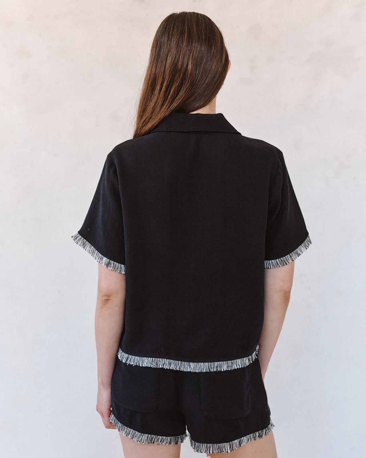 Short Sleeve Fray Trim Shirt - Black with artisan raw edges by BELLA DAHL, curated in Fredericksburg TX
