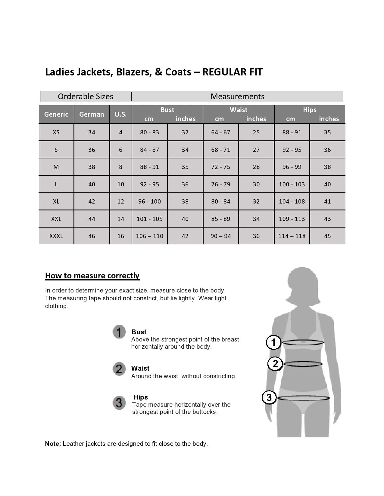 Wani Rf Black size chart for ladies jackets, blazers, and coats in regular fit, showing bust, waist, and hips measurements with instructions on proper measuring techniques.