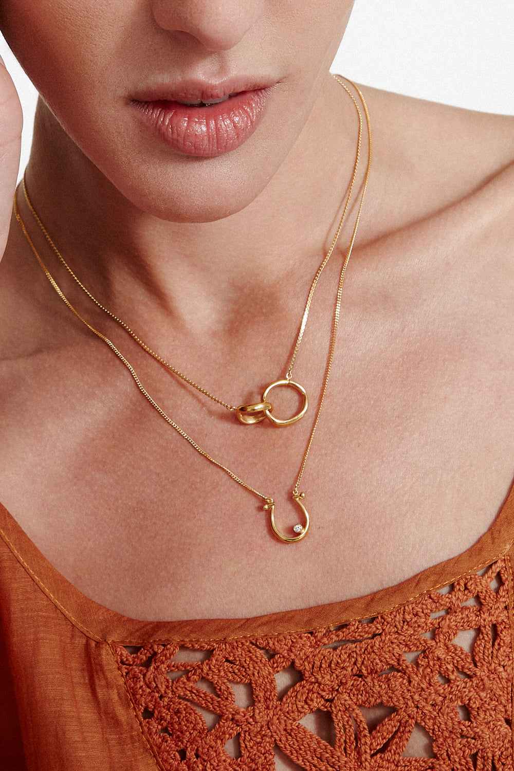 18K Gp Ss Horseshoe Diamond Necklace layered with gold circle pendant by CHAN LUU, Women's Jewelry HCO