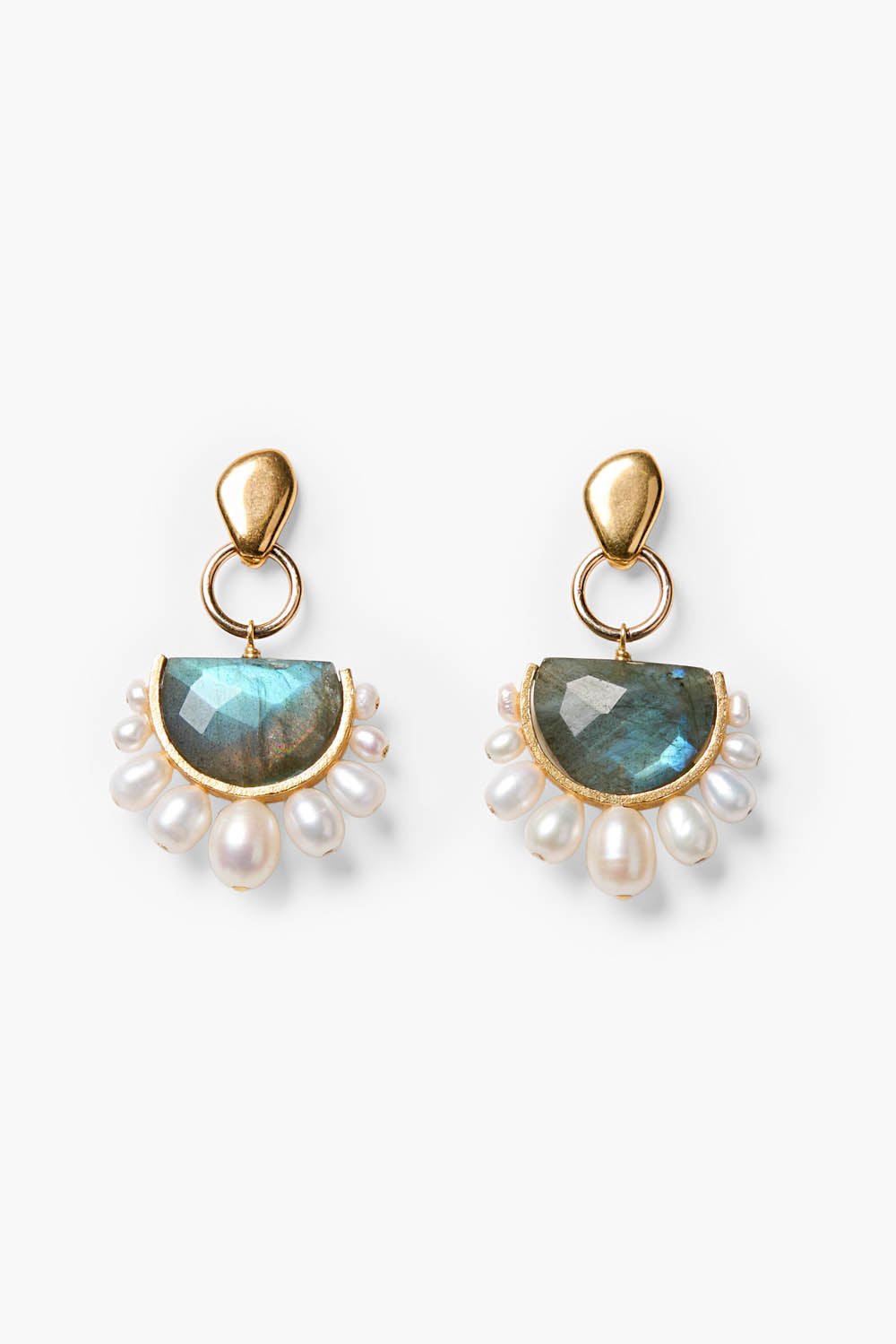 Labradorite dangle earrings with teardrop stone and gold-tone pearl fringe
