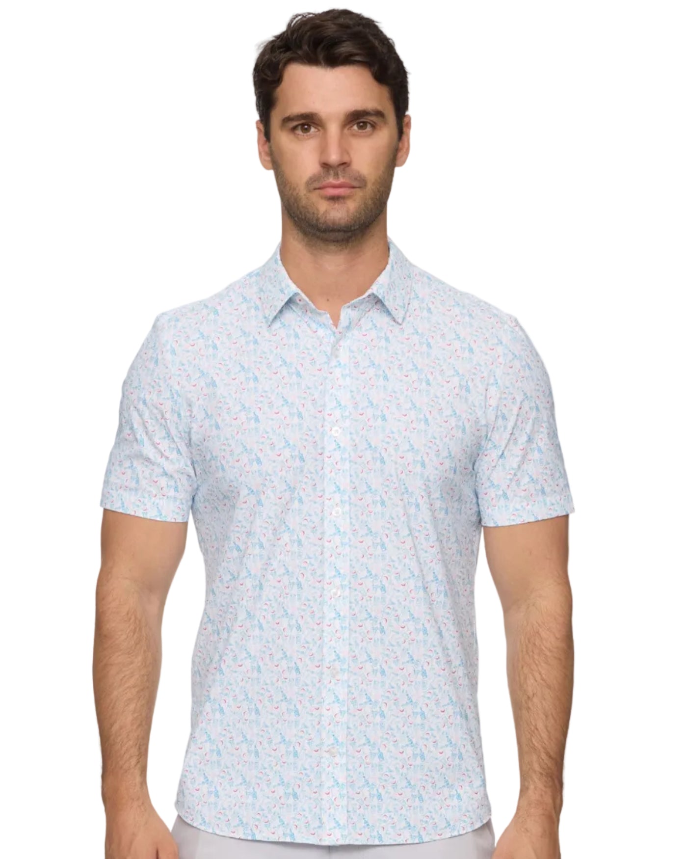 Edgewood SS Drink Print Journey Shirt in white, pink, blue with moisture wicking and UPF