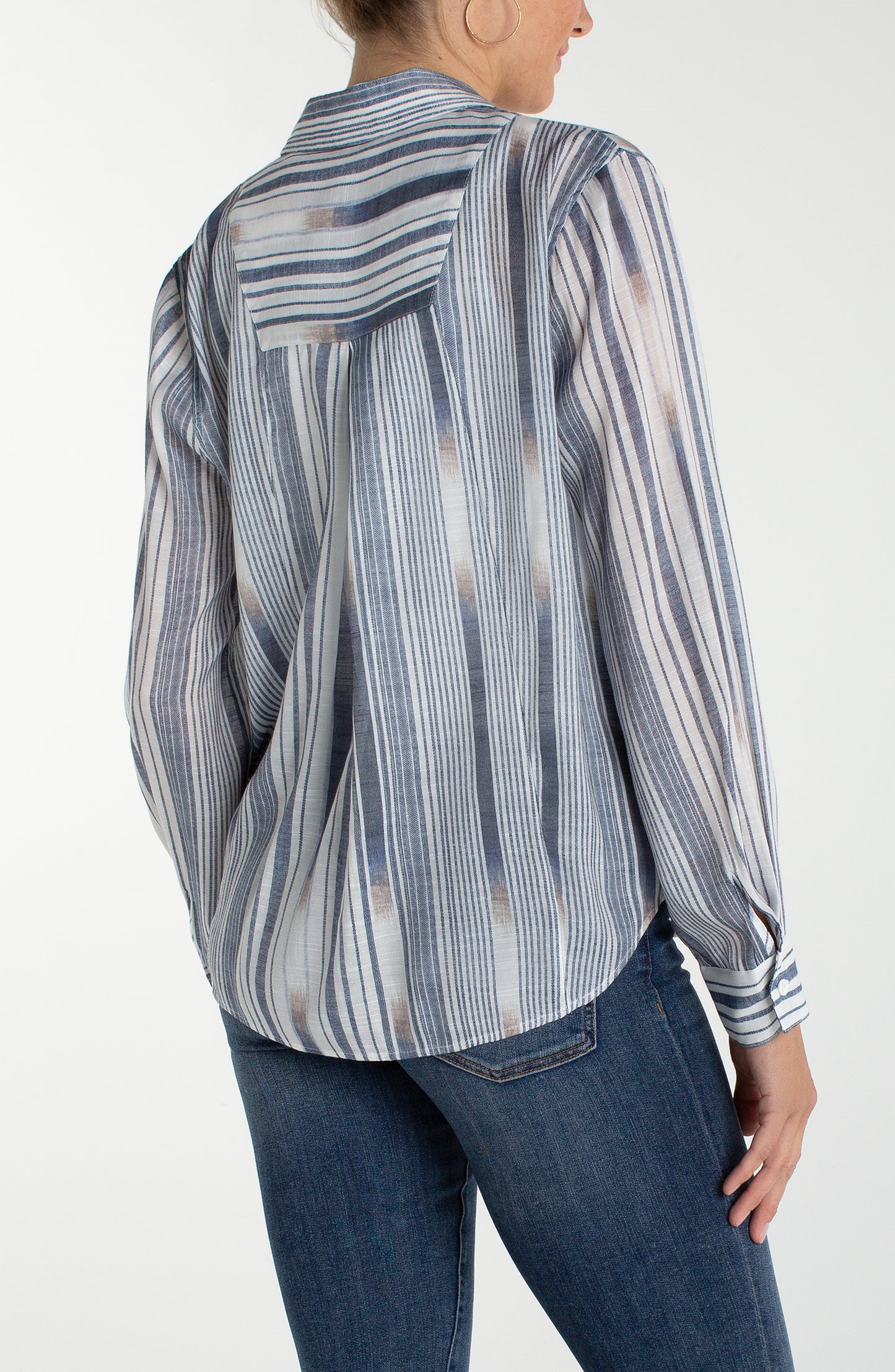 Long Sleeve Button Front Woven Shirt w/BK Seaming with blue multi-stripe details by LIVERPOOL LOS ANGELES