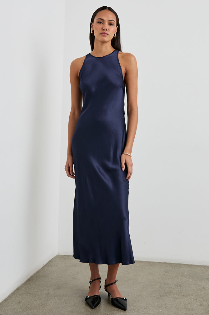 Solene navy satin crepe midi dress with sleek racerback, RAILS at HCO Fredericksburg