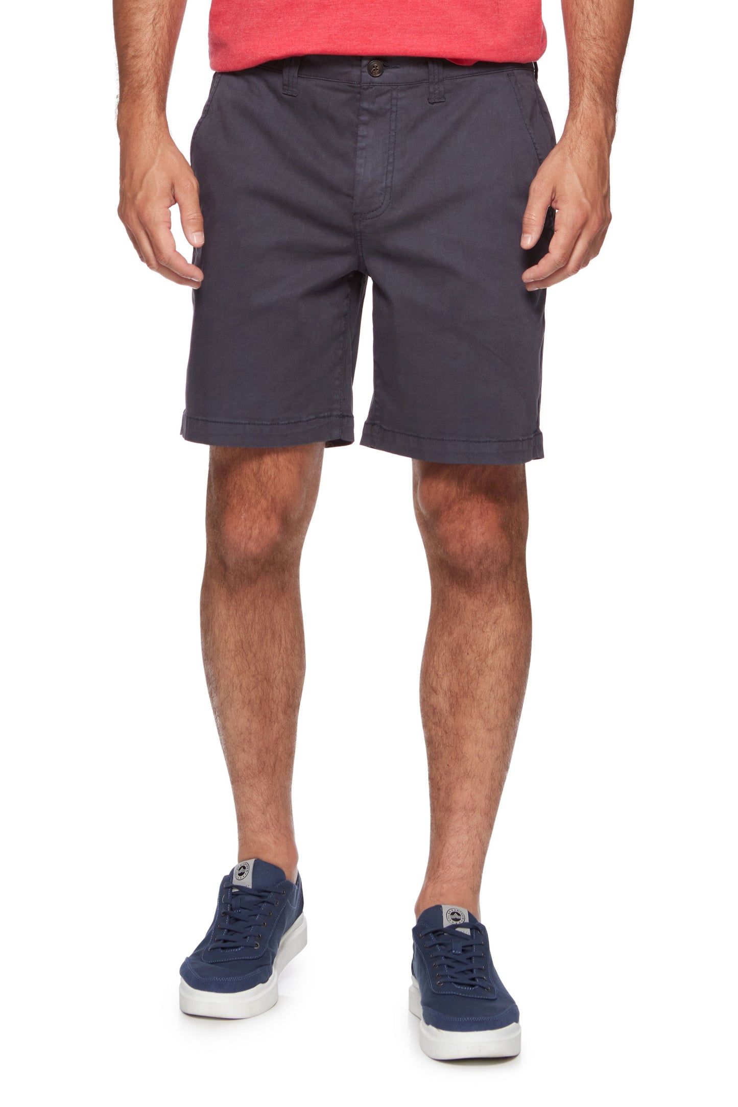 Charcoal/dark gray 8-inch dyed shorts, relaxed fit and button closure