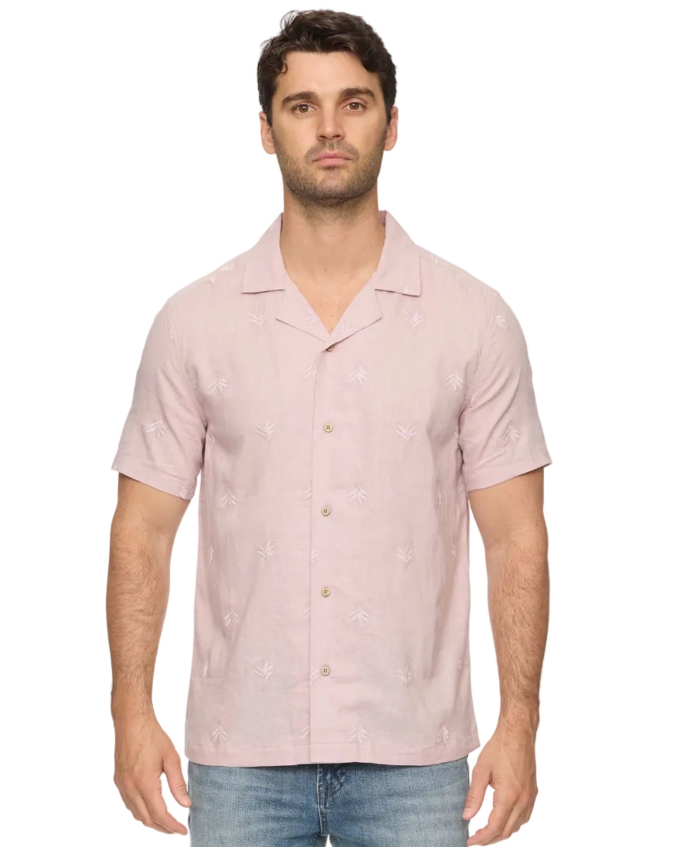 Chandler SS Embroidered Camp Collar Shirt in pink floral by FLAG & ANTHEM, men's short sleeve shirt