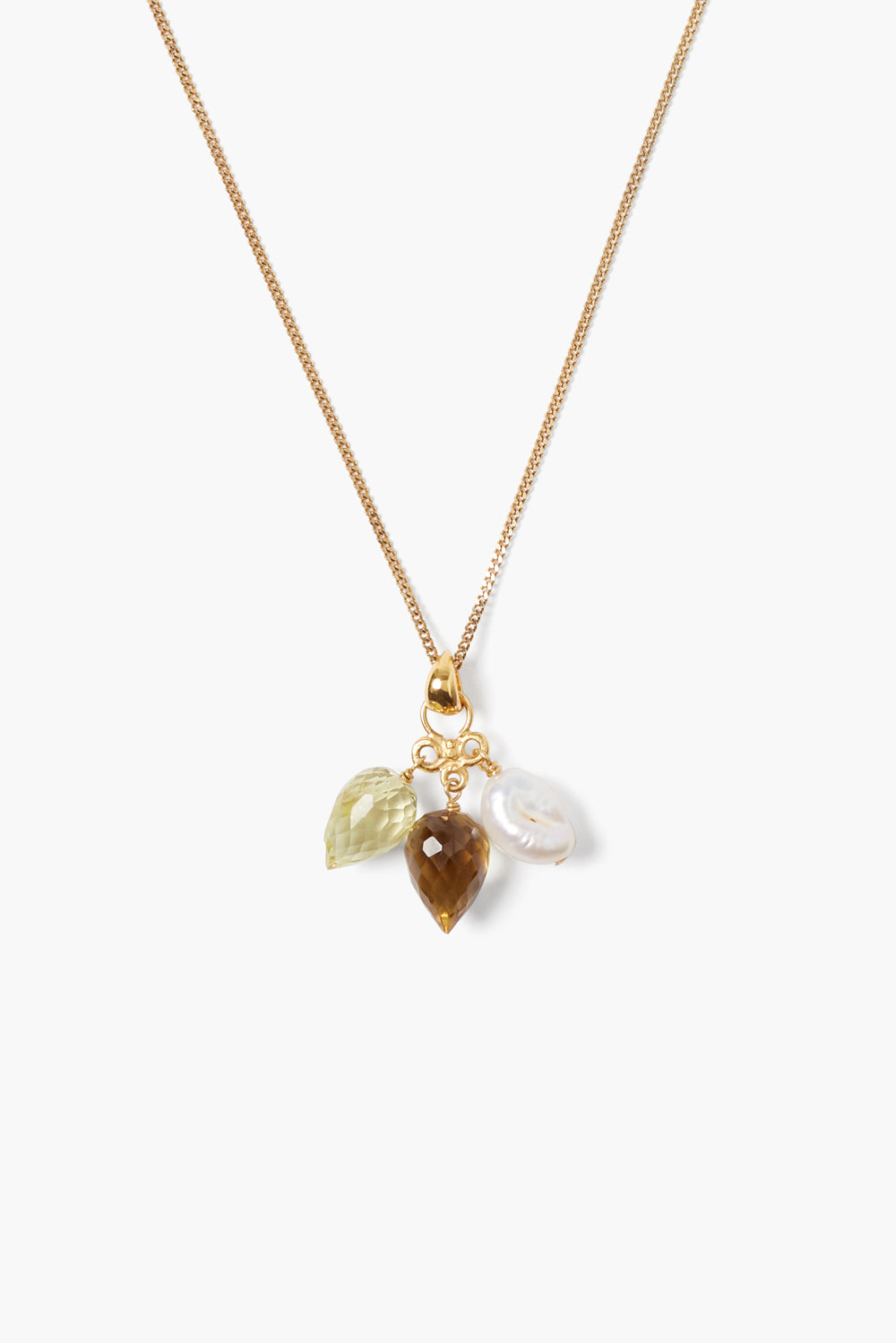 Delicate 18K Keshi Pearl/Lemon/Whisky Qu necklace featuring a gold chain with lemon and whisky gemstone charms and a lustrous pearl, crafted for effortless Hill Country style.