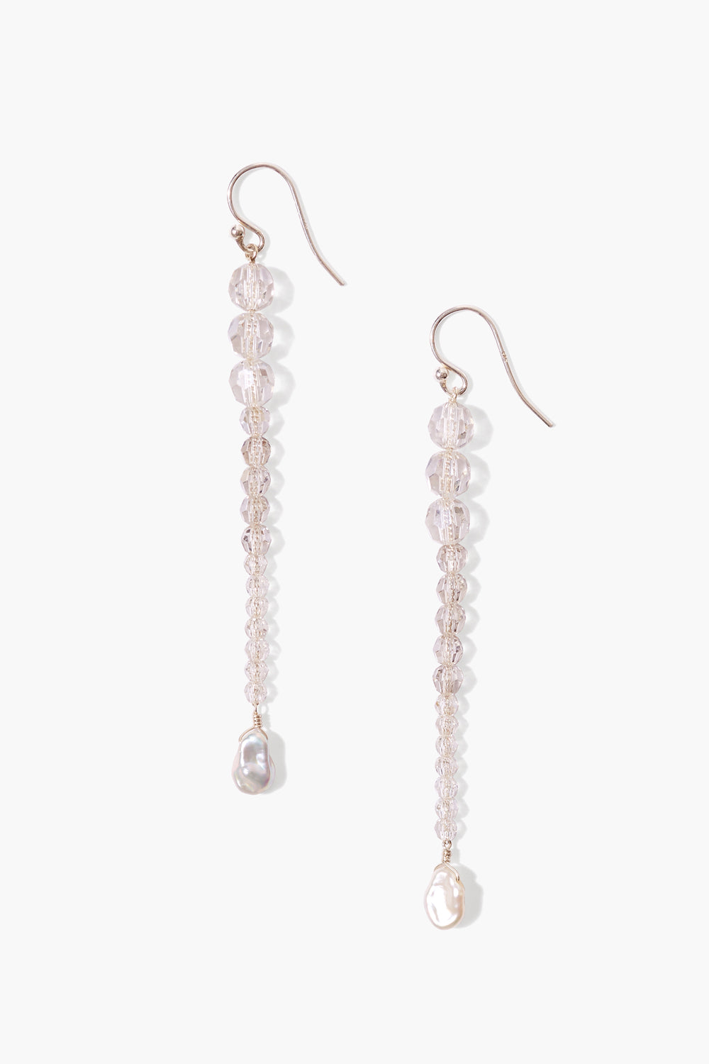 Grade Cryst Fwp Silver Shade earrings featuring delicate clear beads descending into a single freshwater pearl drop, perfectly blending elegance with effortlessly refined Hill Country style.
