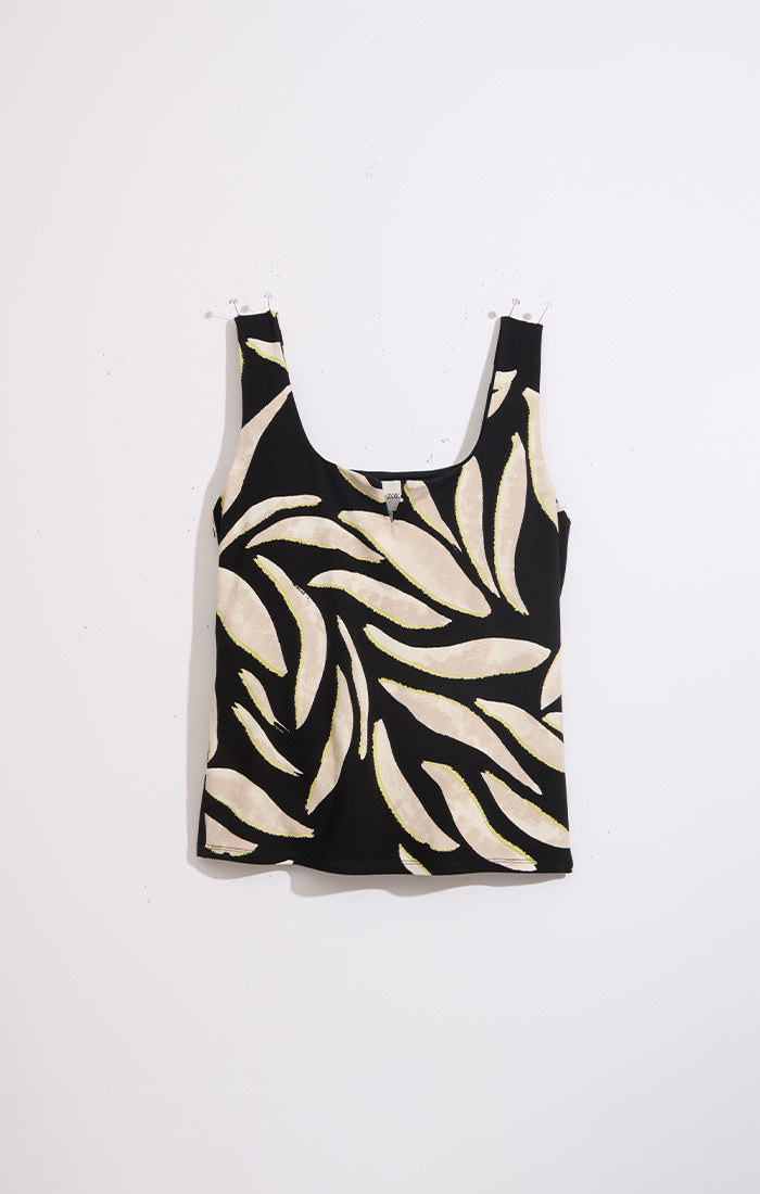 Breezy Leaves Split Neck Tank in black with cream leaf print, NIC AND ZOE women's shirt sale