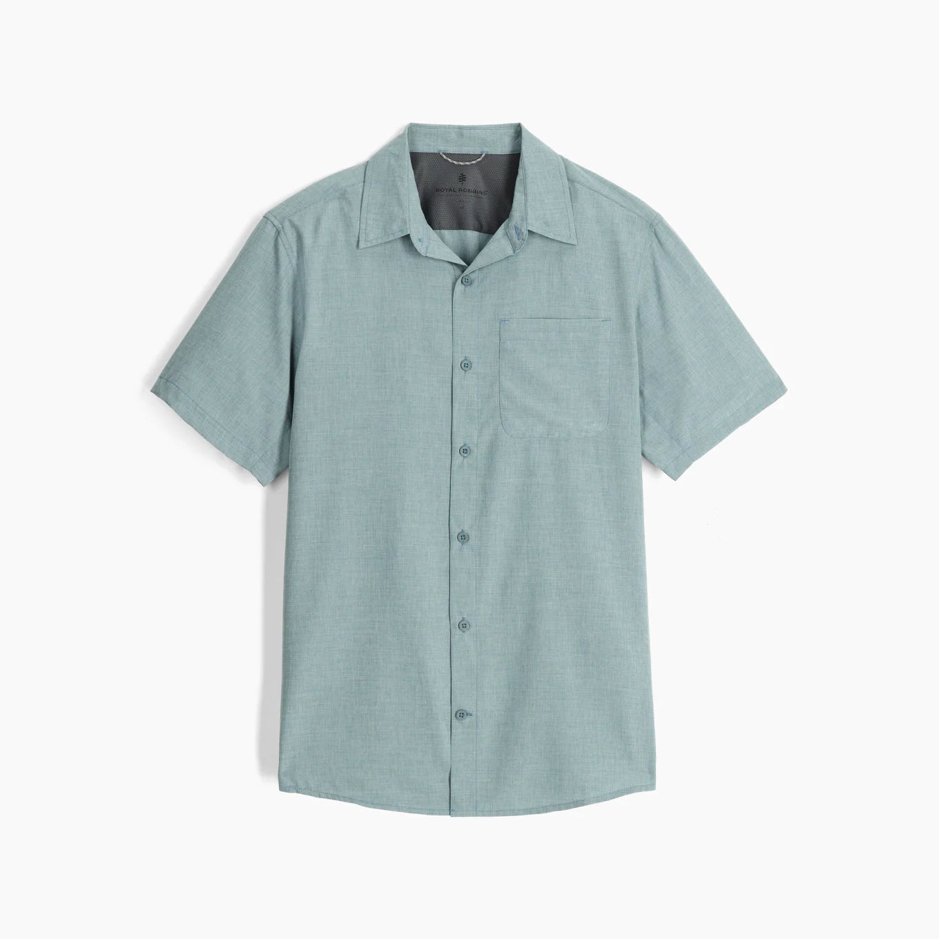 Amp Lite II short-sleeve button-up shirt in light teal, button placket, chest pocket