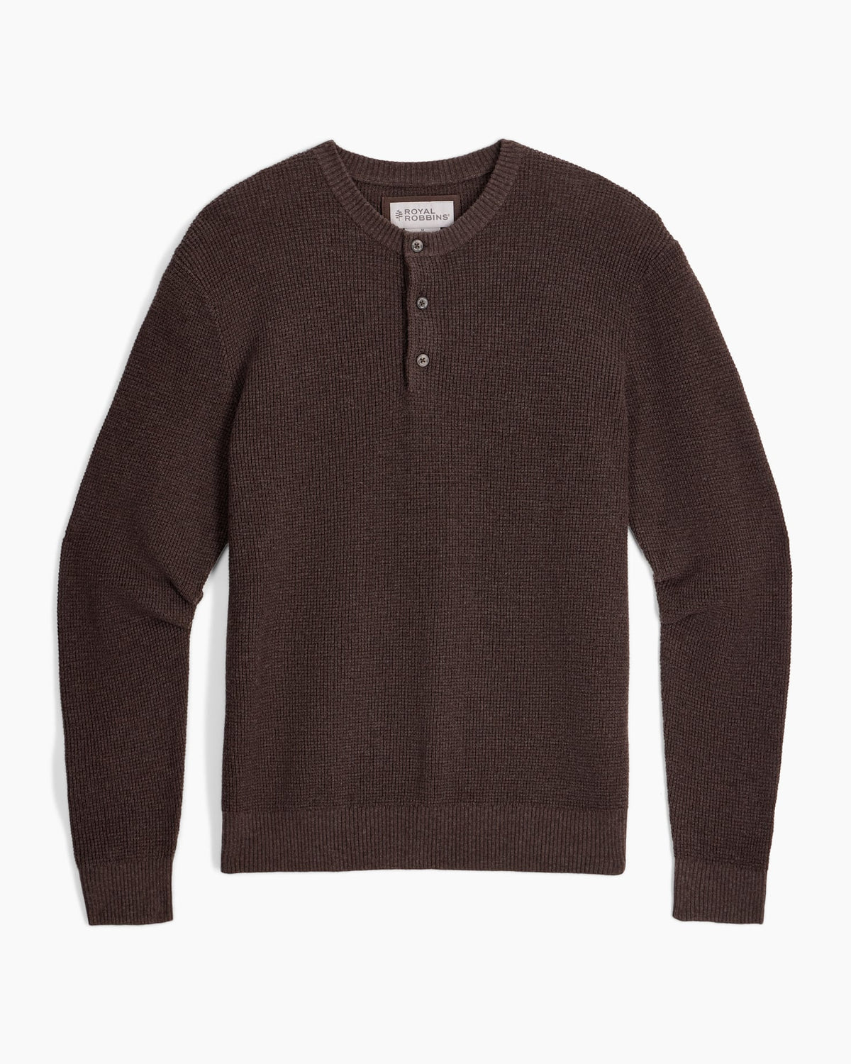 Dark brown waffle-knit henley sweater with long sleeves and ribbed cuffs