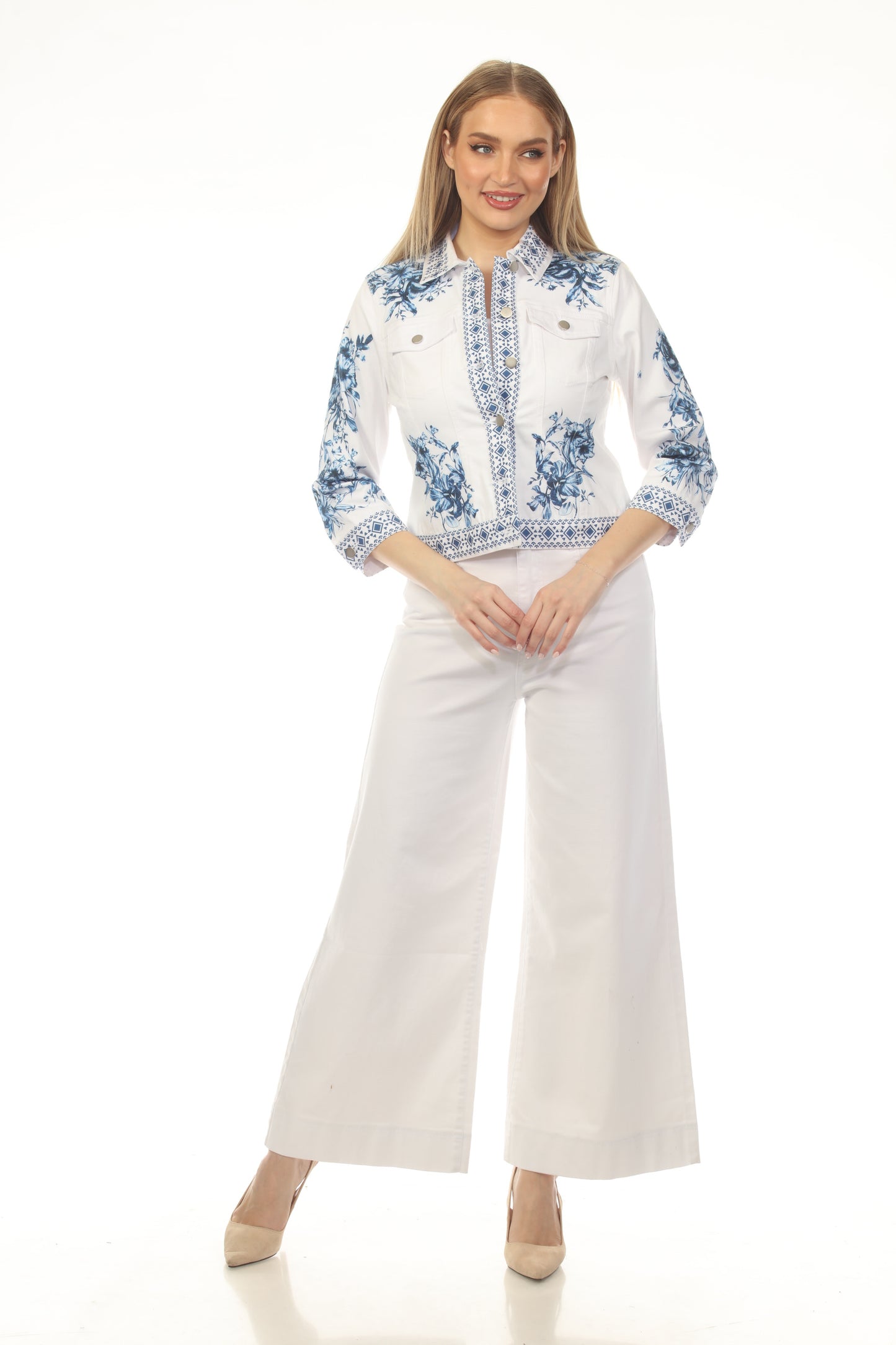 Margo white denim jacket with blue floral print by AZI JEANS in Women's Jackets, HCO collection