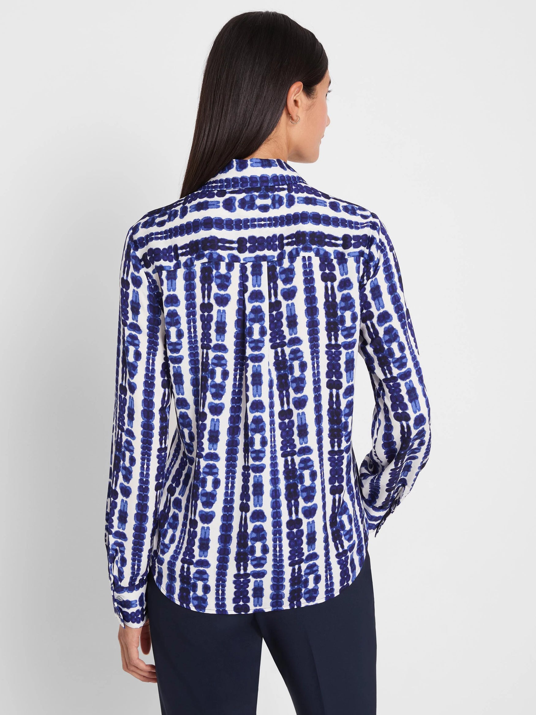 Shibori Stripe Top in blue with shirt collar and long bishop sleeves by NIC AND ZOE