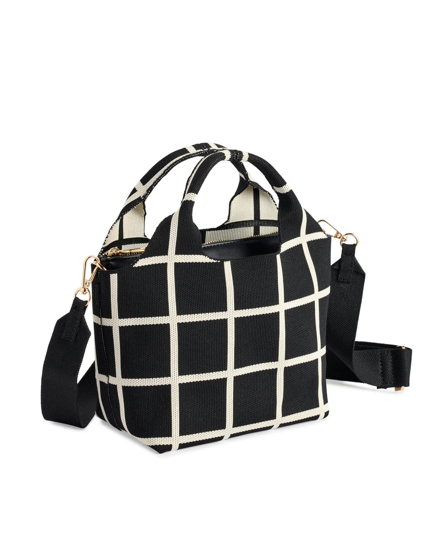 Robbie Mini Tote in black and white checkered pattern with detachable strap by SHIRALEAH