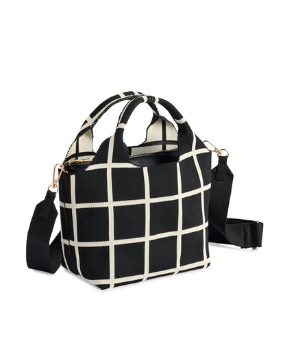 Robbie Mini Tote in black and white checkered pattern with detachable strap by SHIRALEAH