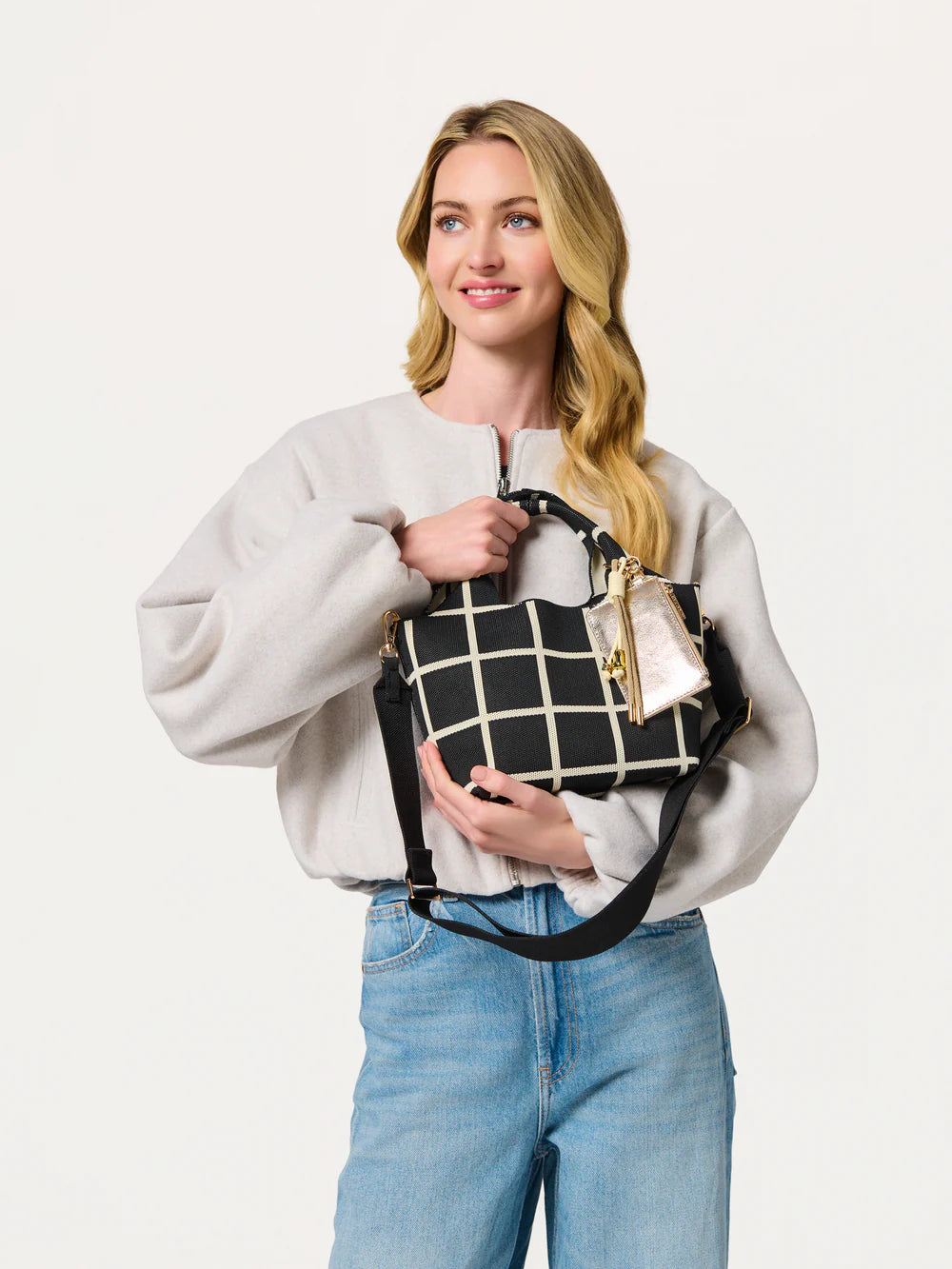 Robbie Mini Tote in black checkered pattern with gold accents by SHIRALEAH HCO collections