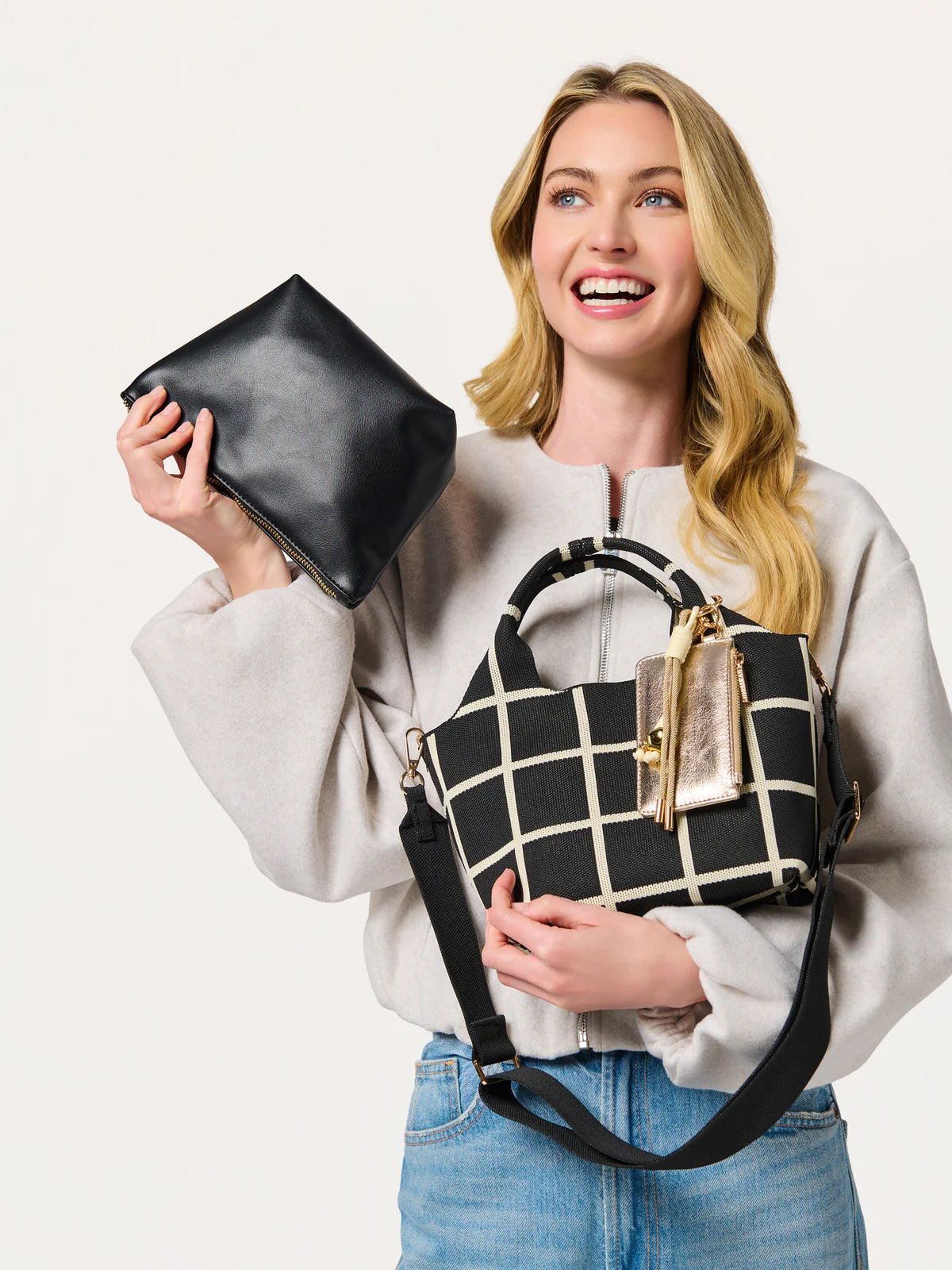 Robbie Mini Tote in black and white checkered pattern with detachable strap and pouch