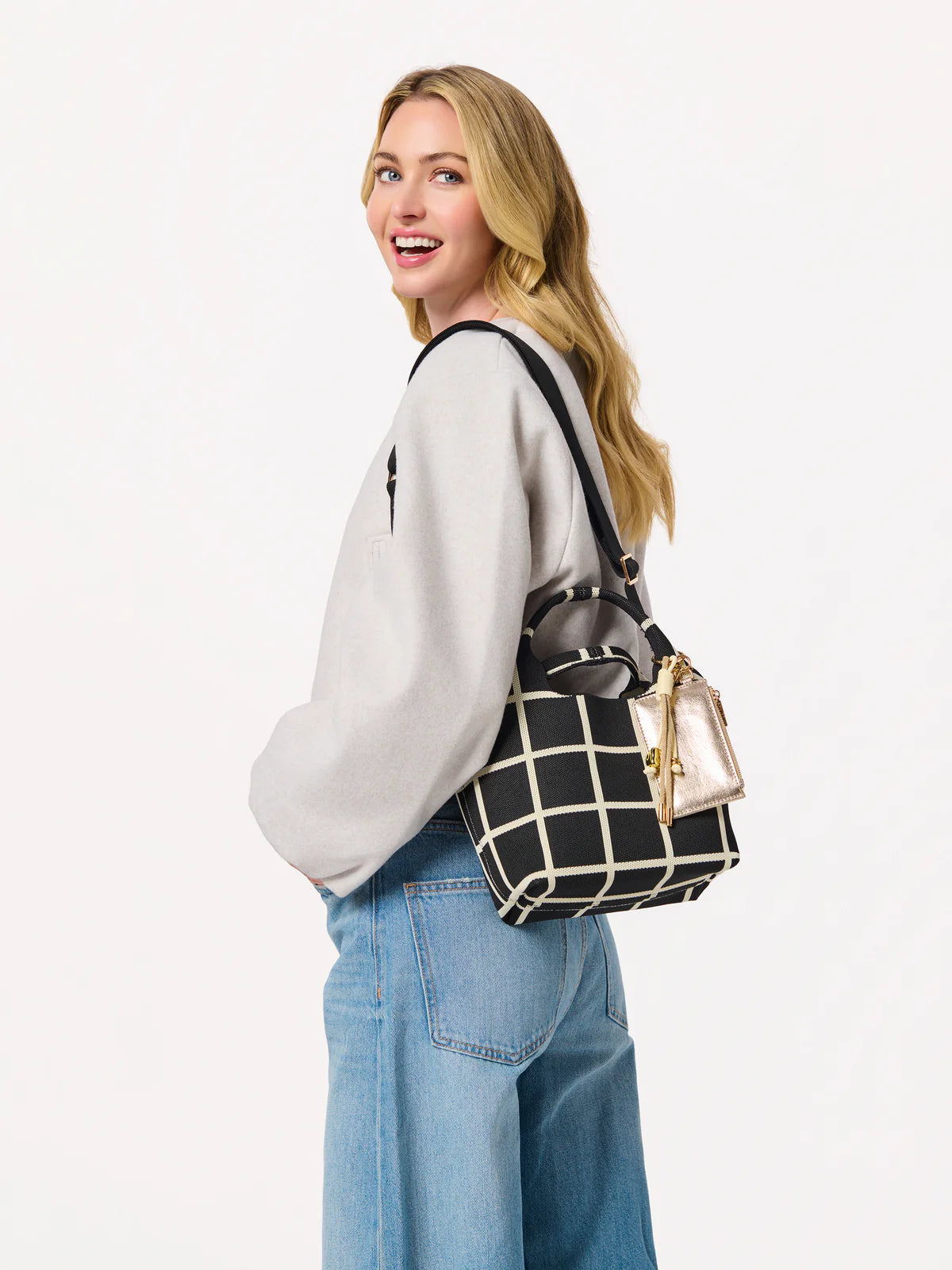 Robbie Mini Tote in black and cream checkered pattern with detachable strap by SHIRALEAH HCO